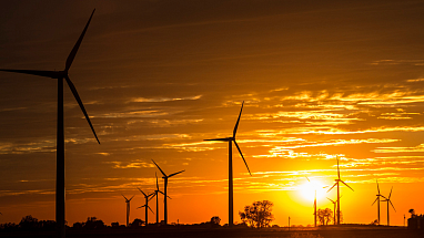 Wind turbines in a field with sun setting in the background
